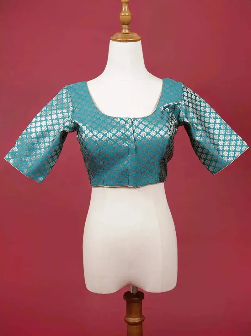 Blue Silk Readymade Blouse With Round Neck And Elbow Sleeve Design 1