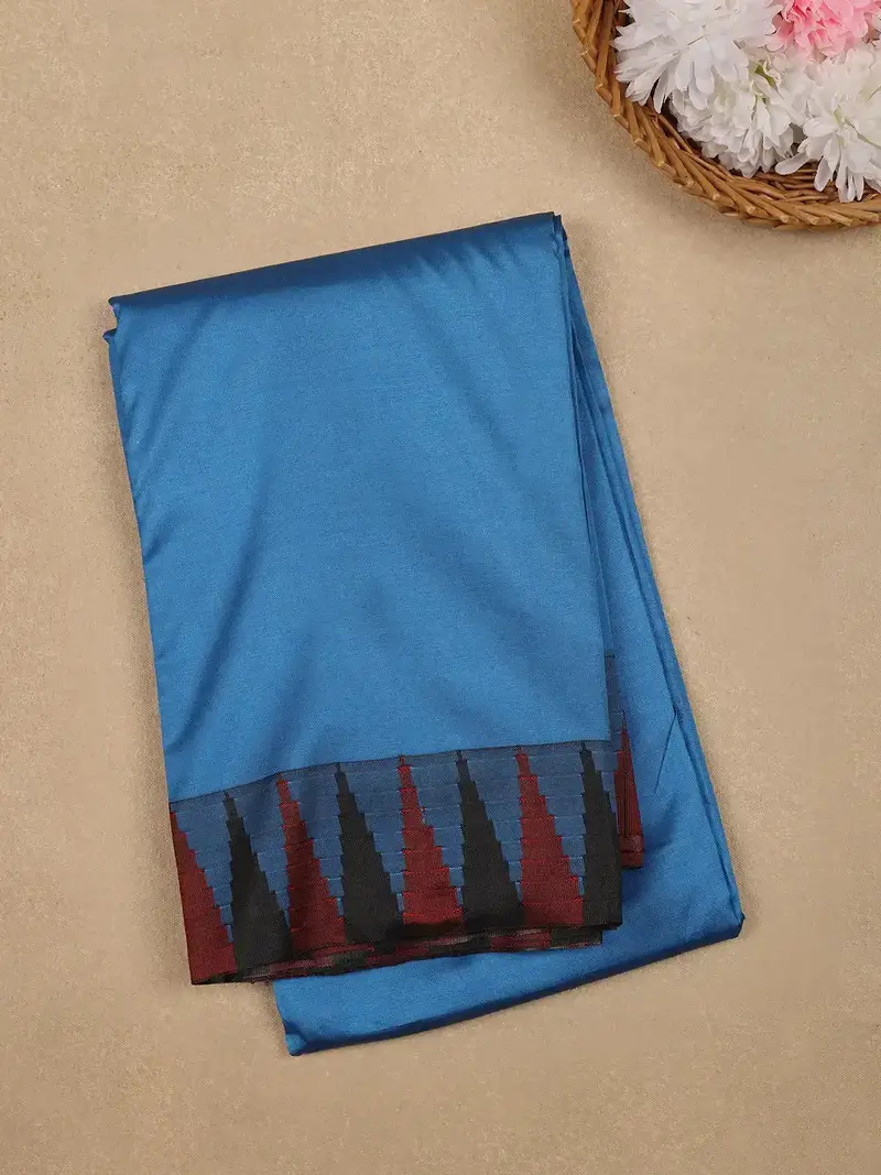 Blue Soft Silk Saree With Temple Ikat Border 1