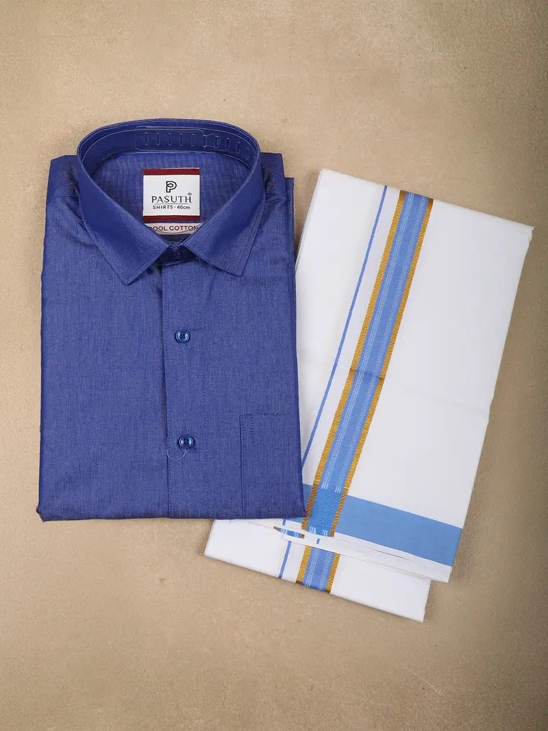 Blue Solid Cotton Shirt With White Dhoti Featuring Sky Blue And Gold Woven Border 1
