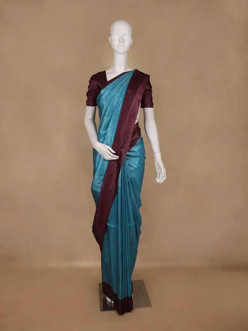 Blue Solid Designed Semi Tussar Saree With Contrast Border 1