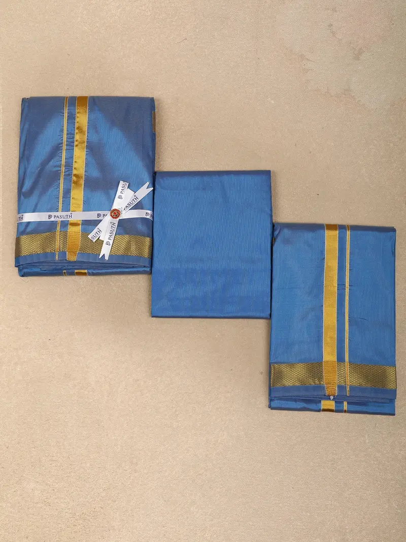 Blue Solid Woven Design Unstitched Shirt With Matching Dhoti Set With Zari Border 1