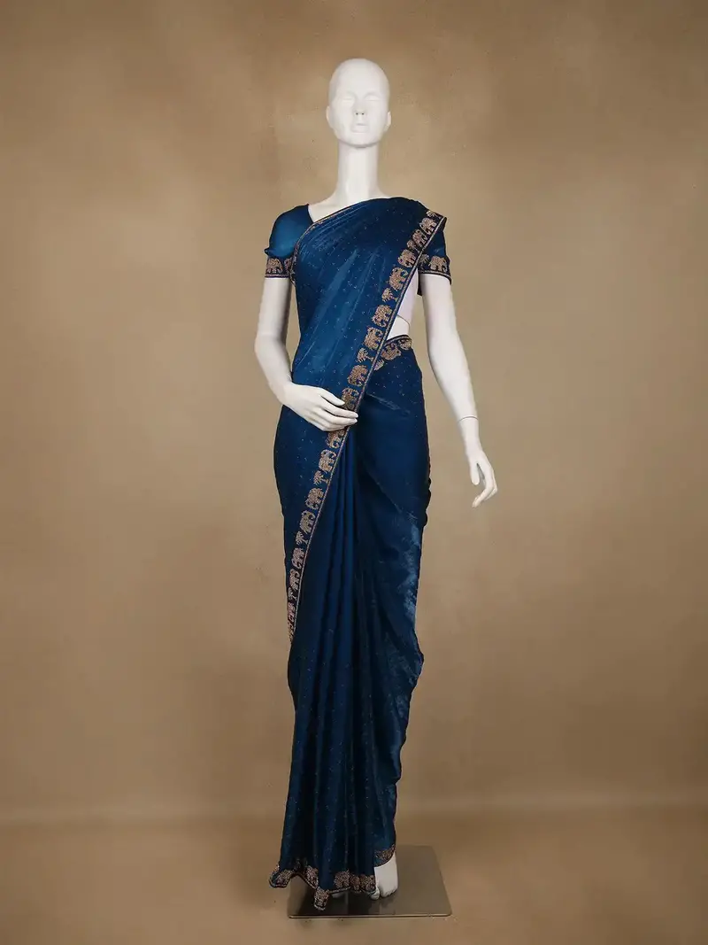 Blue Stone Embellishment Chiffon Saree 1