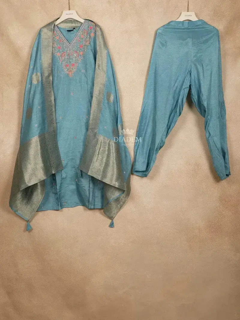 Blue Straight Cut Salwar Suit Adorned With Sequins And Floral Design Paired With Dupatta 1