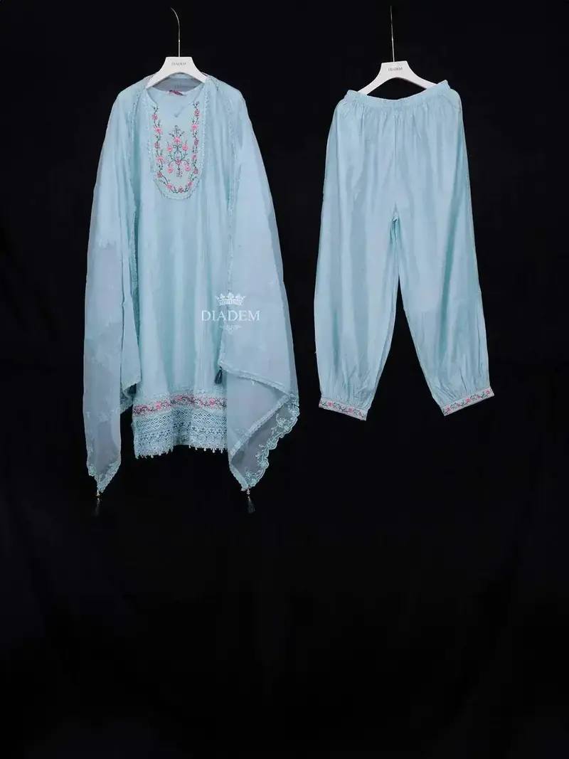 Blue Straight Cut Salwar Suit For Women Adorned With Sequins And Flower Design With Dupatta 1