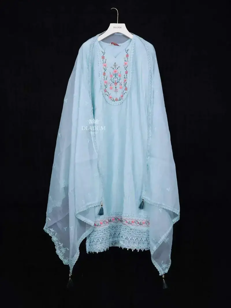Blue Straight Cut Salwar Suit For Women Adorned With Sequins And Flower Design With Dupatta 2