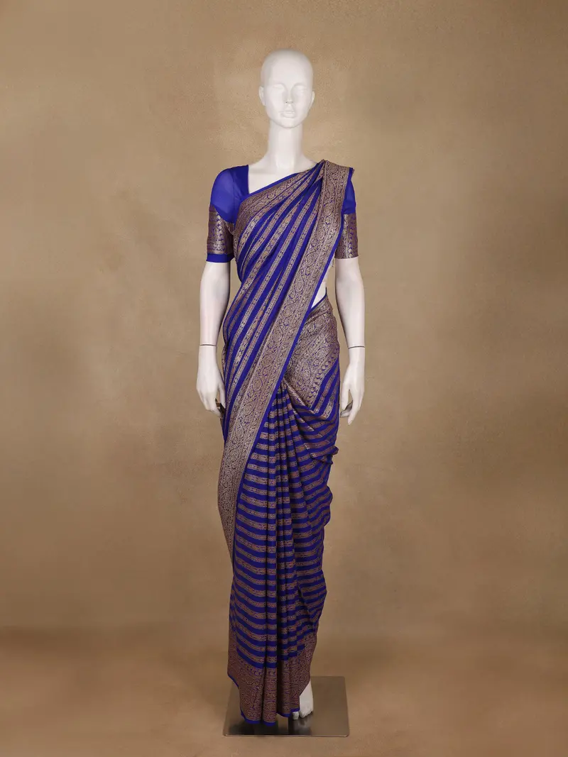 Blue Striped Design Banarasi Silk Saree 1
