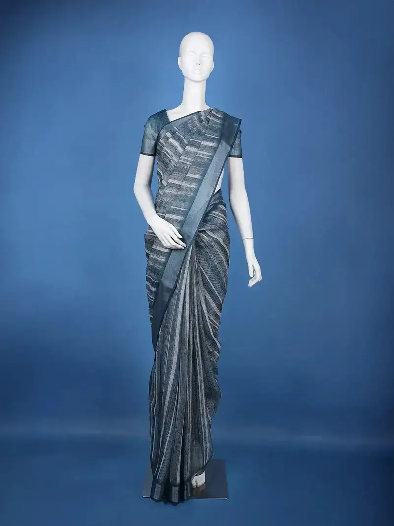 Blue Striped Semi Tussar Silk Saree 1