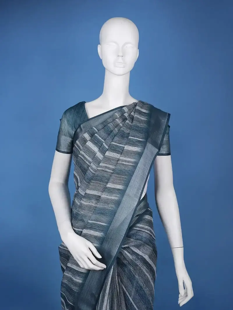 Blue Striped Semi Tussar Silk Saree 2
