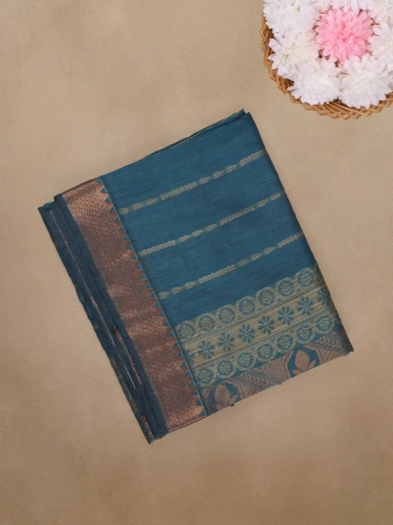 Blue Striped Woven Cotton Saree 1