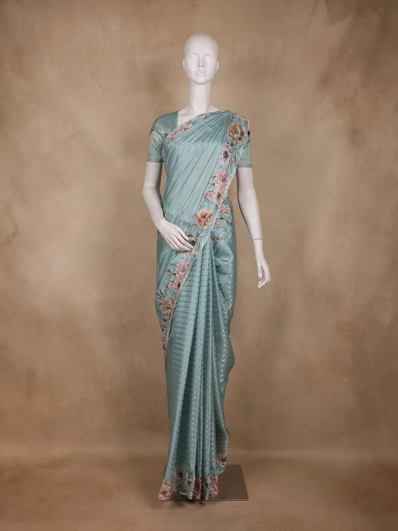 Blue Stripes And Floral Printed Tussar Silk Saree 1