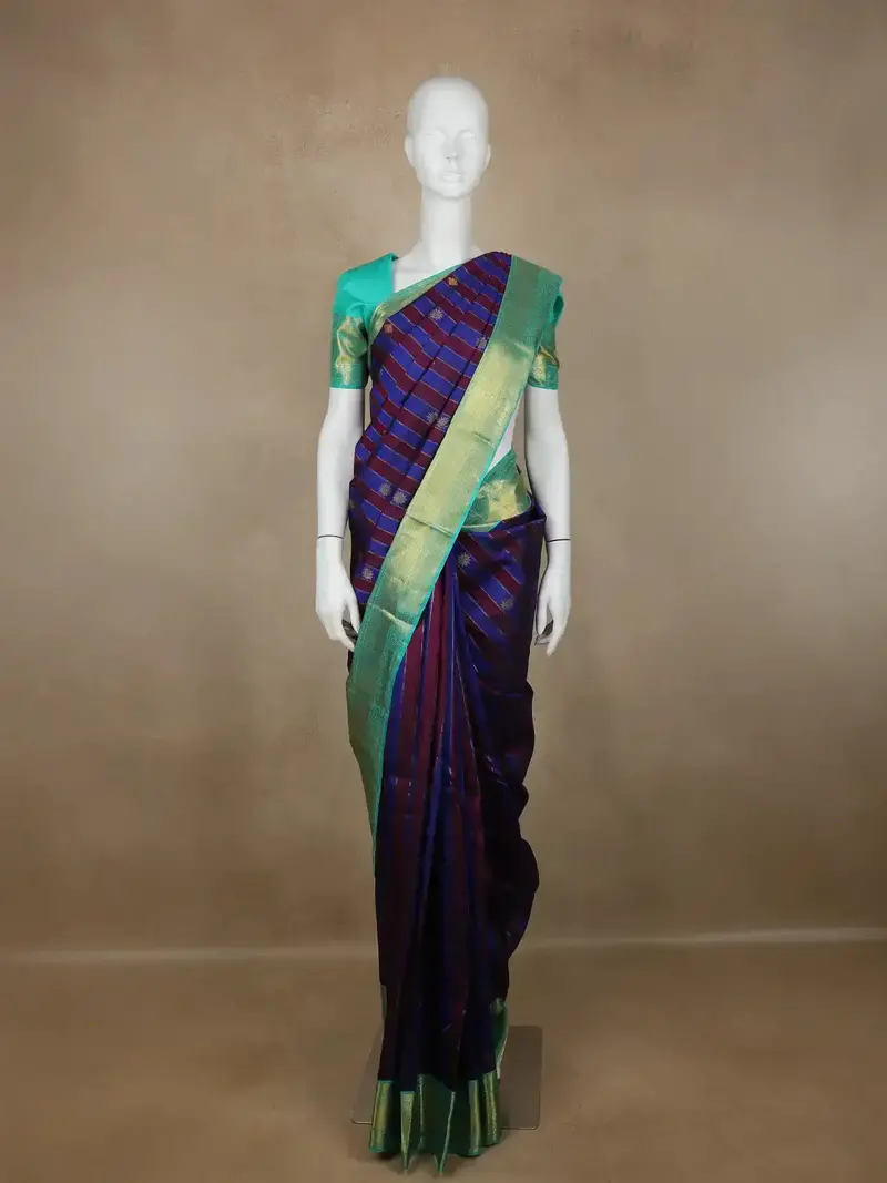 Blue Stripes And Floral Woven Pure Kanchipuram Silk Saree 1