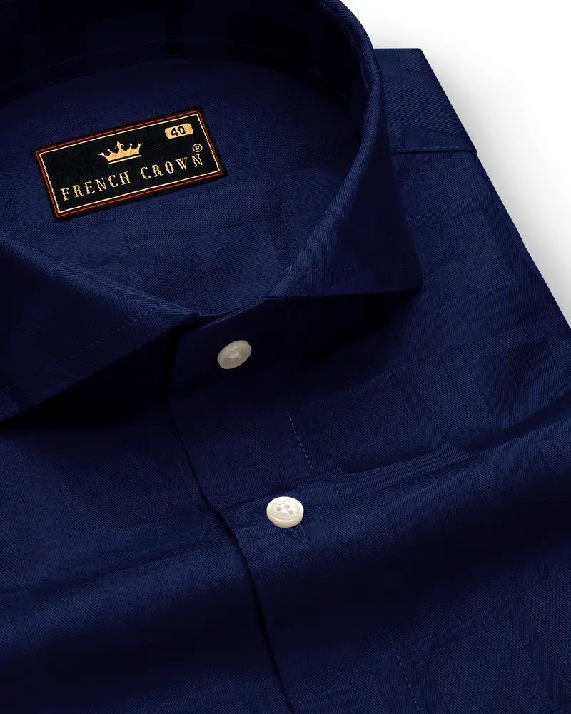 Blue Subtle Checkered Dobby Textured Premium Giza Cotton Shirt 1