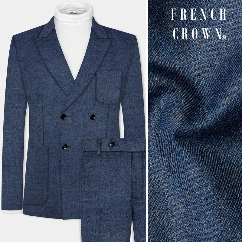 Blue Textured Tweed Wool Rich Patch Pocket Designer Sport Suit 1