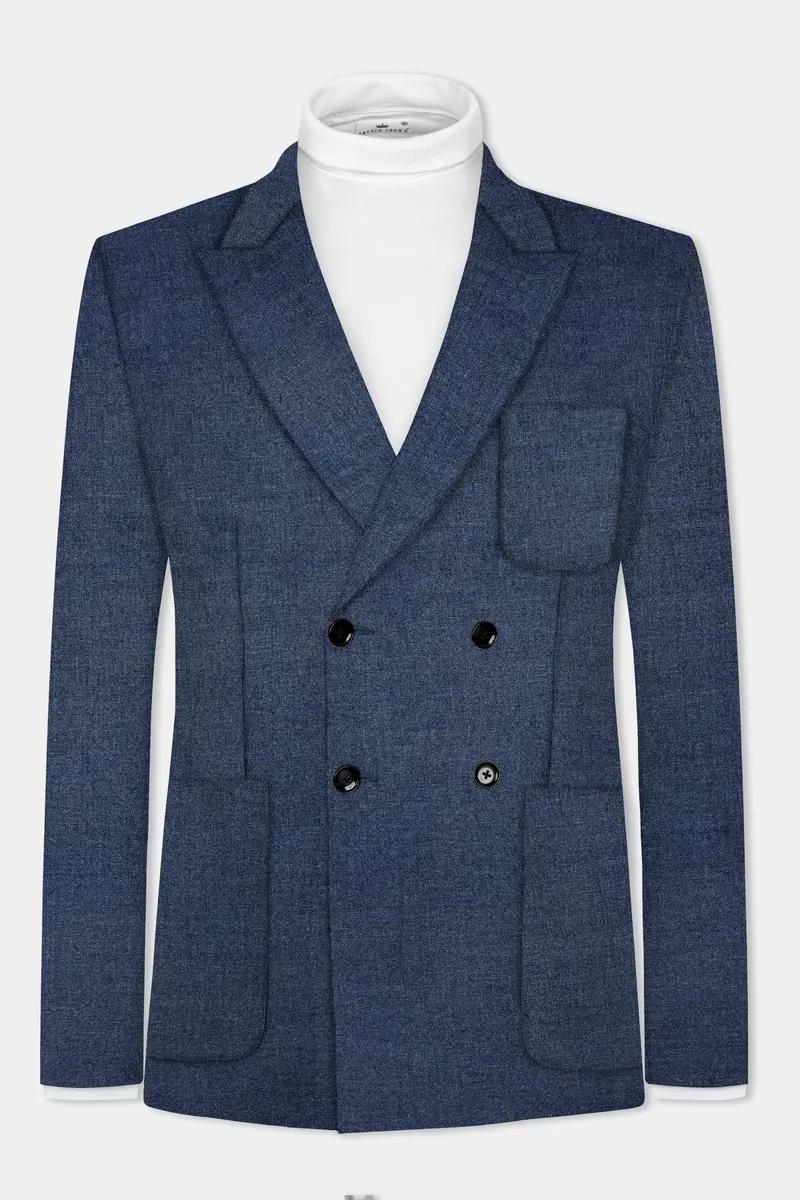 Blue Textured Tweed Wool Rich Patch Pocket Designer Sport Suit 10