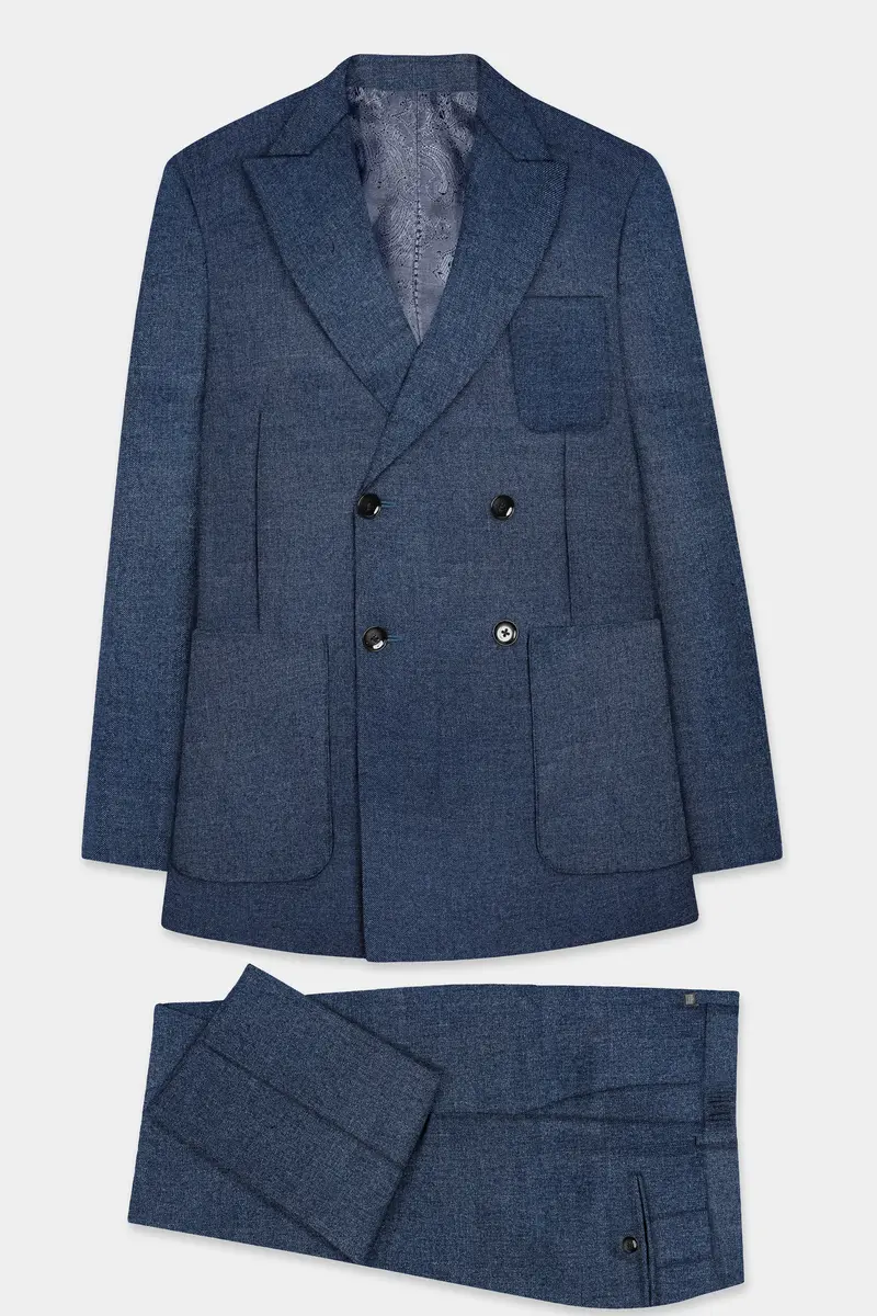 Blue Textured Tweed Wool Rich Patch Pocket Designer Sport Suit 11