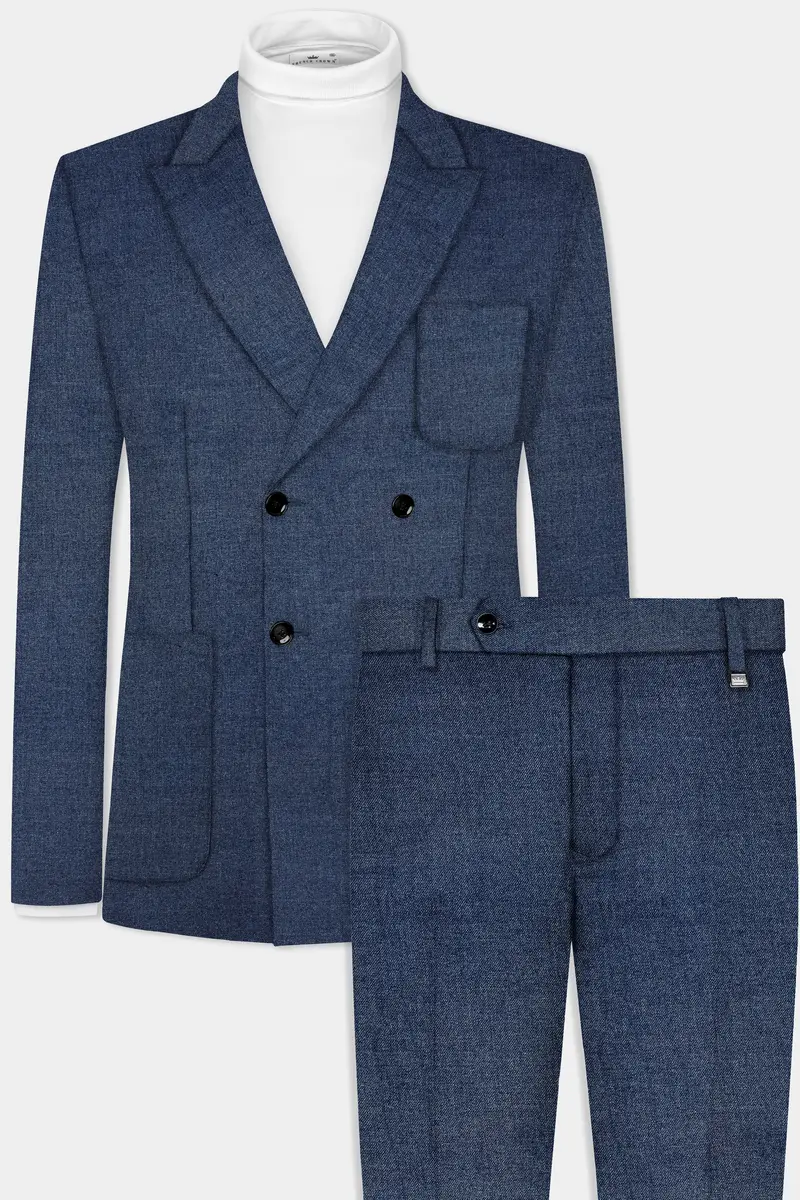 Blue Textured Tweed Wool Rich Patch Pocket Designer Sport Suit 2