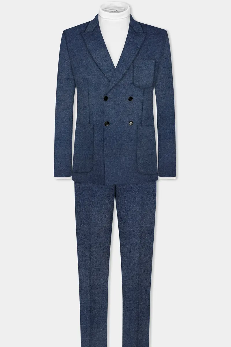 Blue Textured Tweed Wool Rich Patch Pocket Designer Sport Suit 4