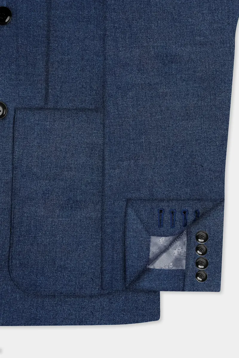 Blue Textured Tweed Wool Rich Patch Pocket Designer Sport Suit 7