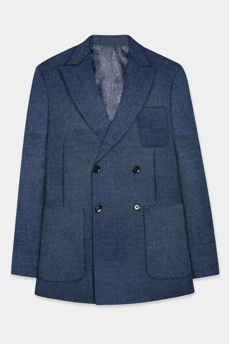 Blue Textured Tweed Wool Rich Patch Pocket Designer Sport Suit 8