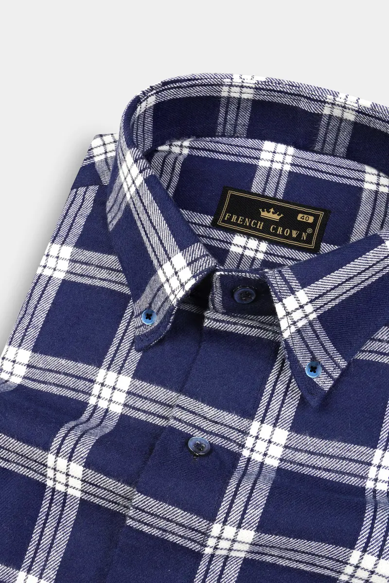 Blue Windowpane Plaid Flannel Shirt 1