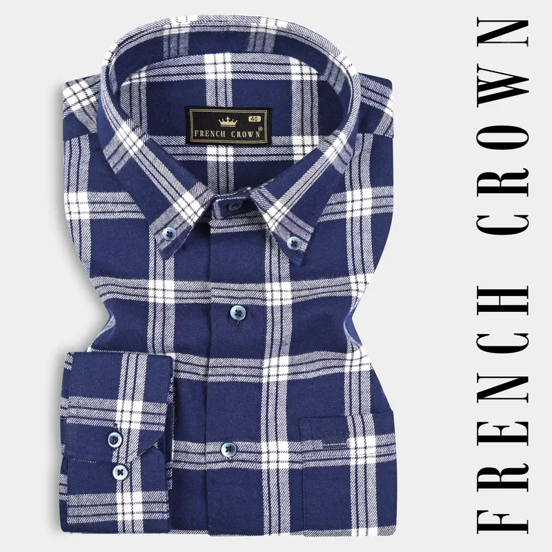 Blue Windowpane Plaid Flannel Shirt 7