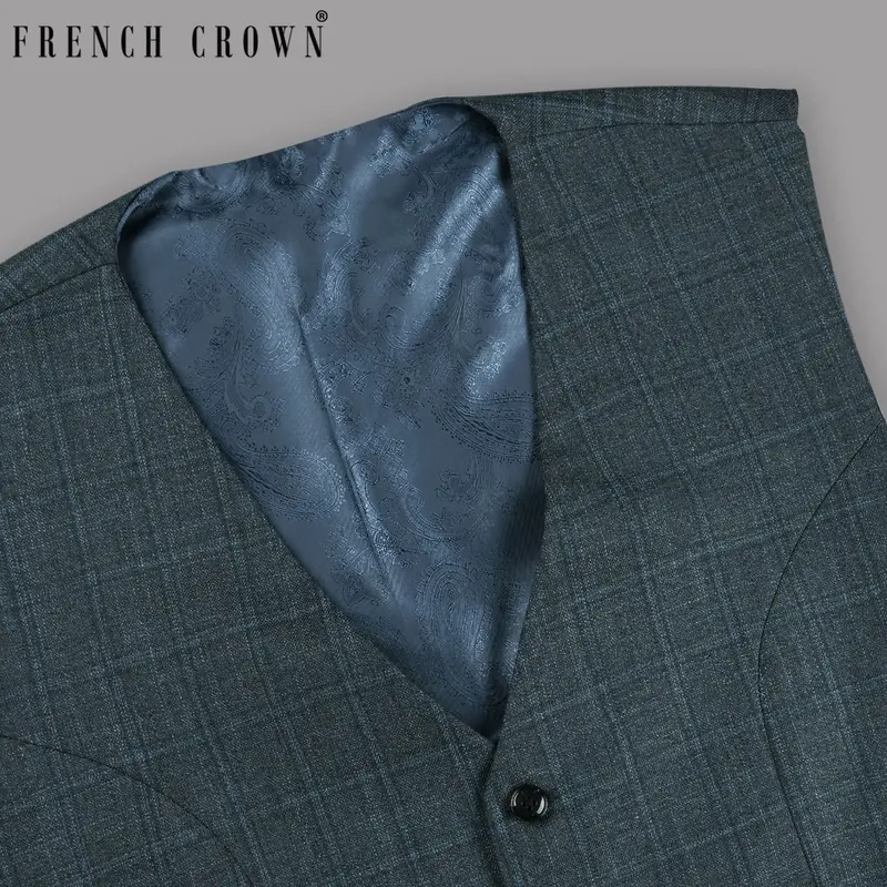 Blue Windowpane Wool Blend Waistcoat 1