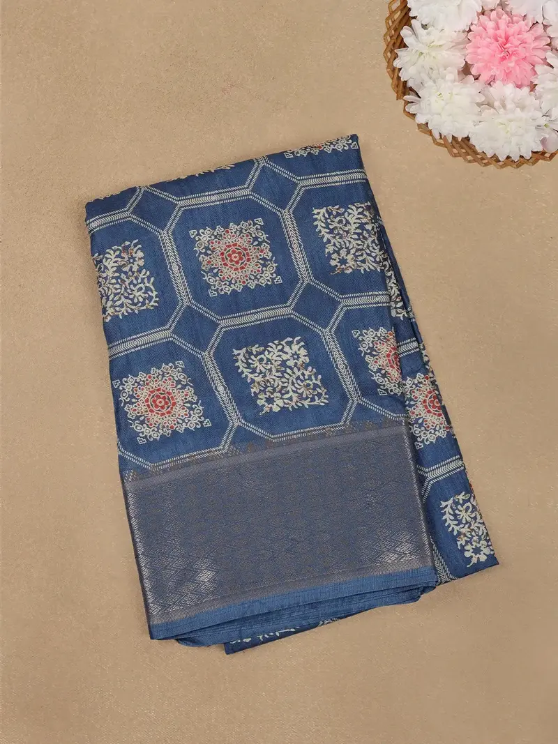 Blue With Beige And Red Printed Motifs Cotton Saree 1