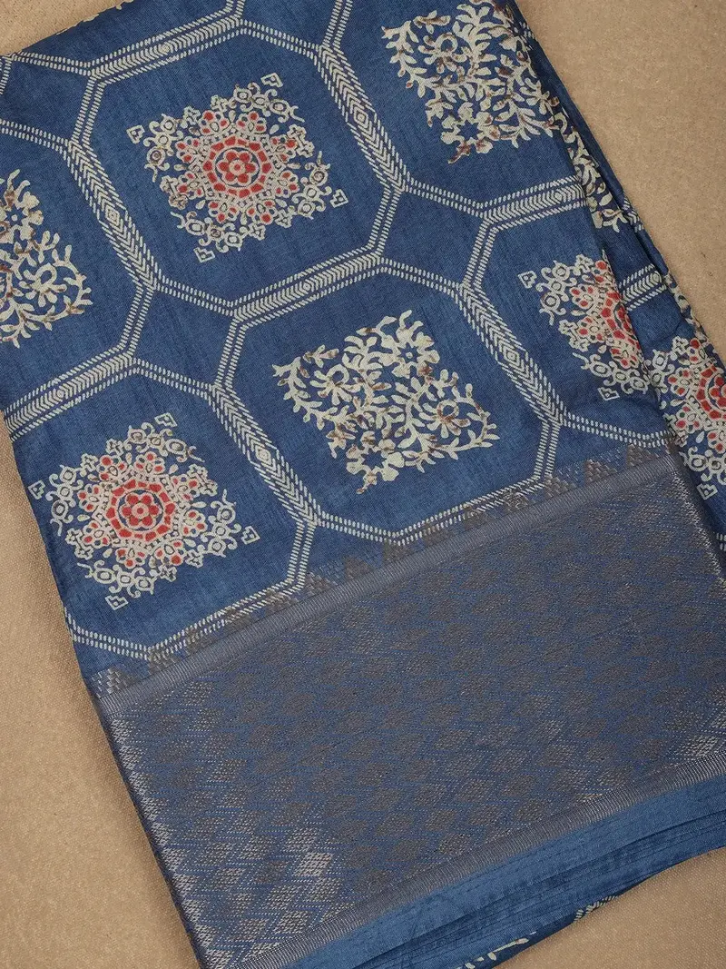 Blue With Beige And Red Printed Motifs Cotton Saree 2