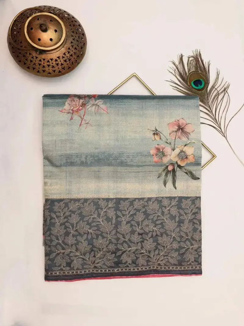 Blue With Grey Tussar Silk Saree With Floral Prints And Embroidery Border 1