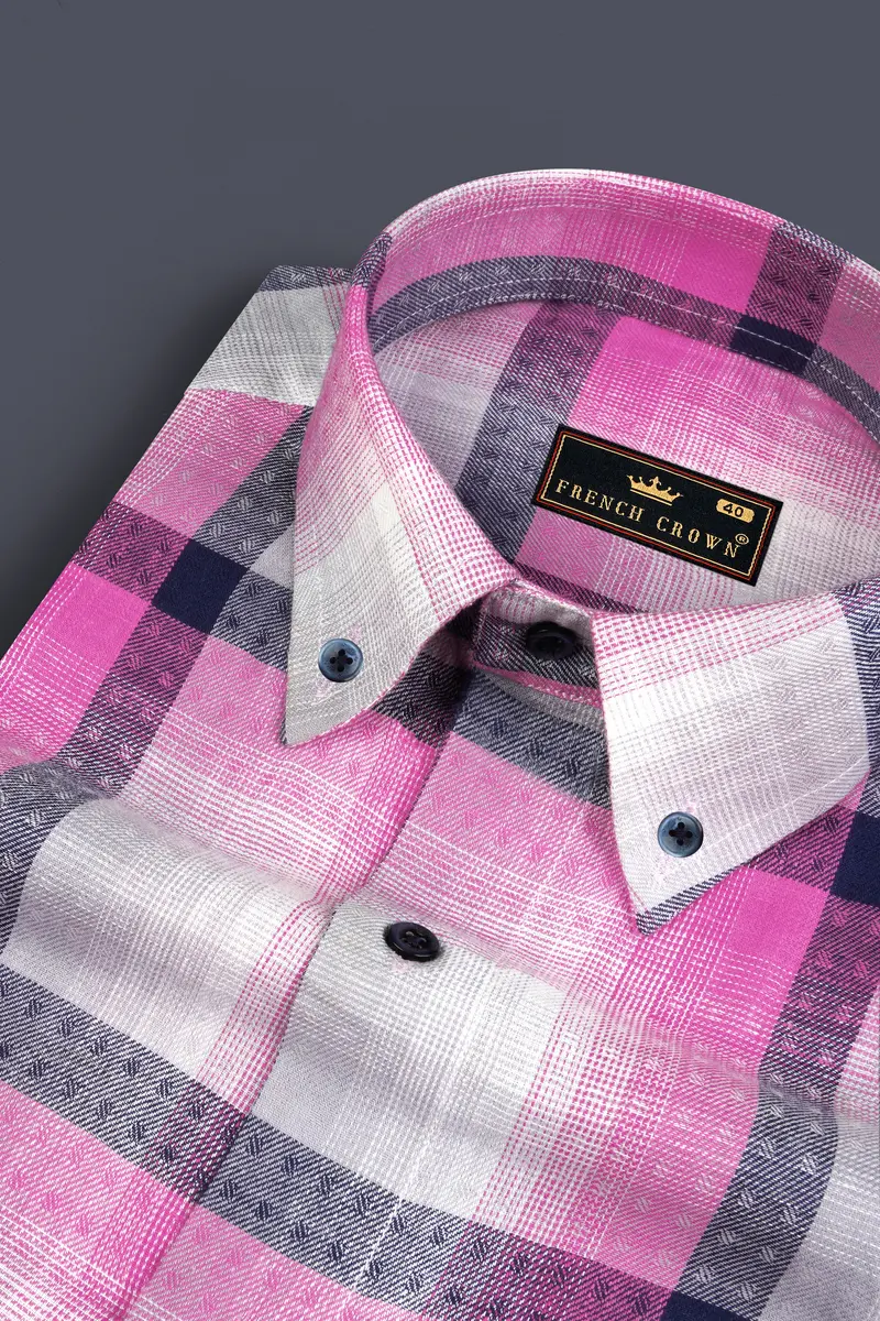 Blue With Thulian Pink Twill Checkered Premium Cotton Shirt 1