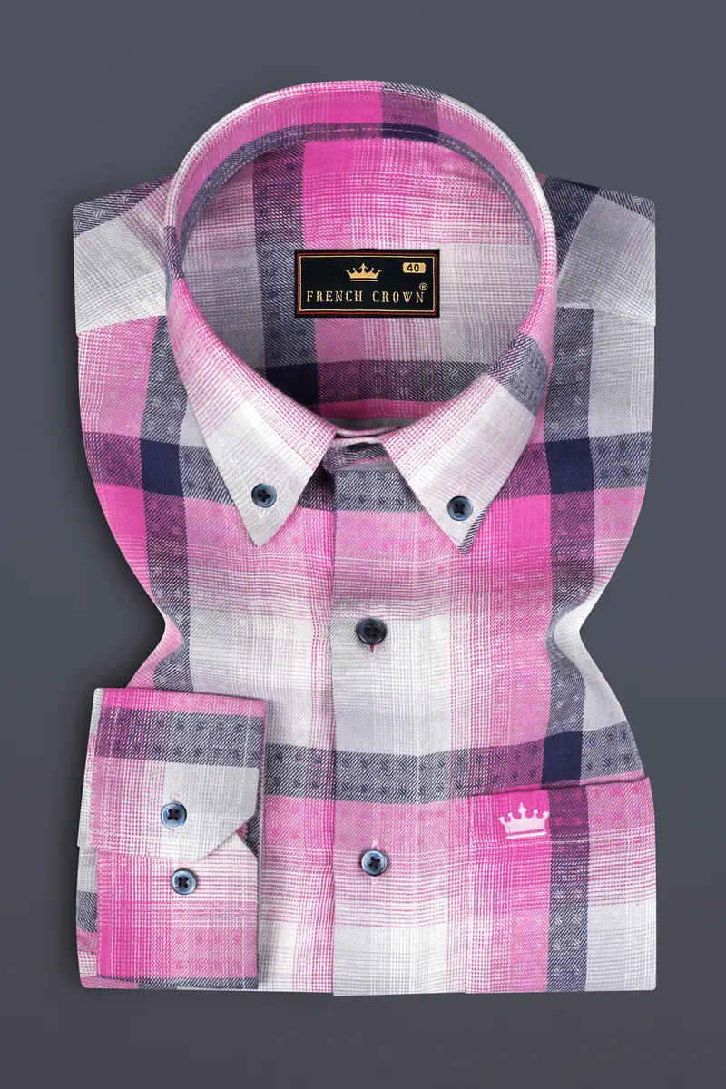 Blue With Thulian Pink Twill Checkered Premium Cotton Shirt 3