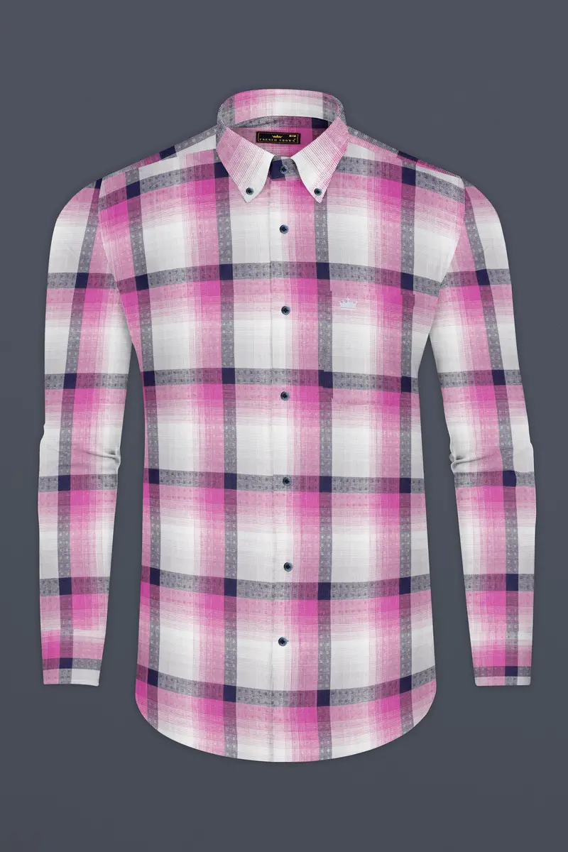 Blue With Thulian Pink Twill Checkered Premium Cotton Shirt 4