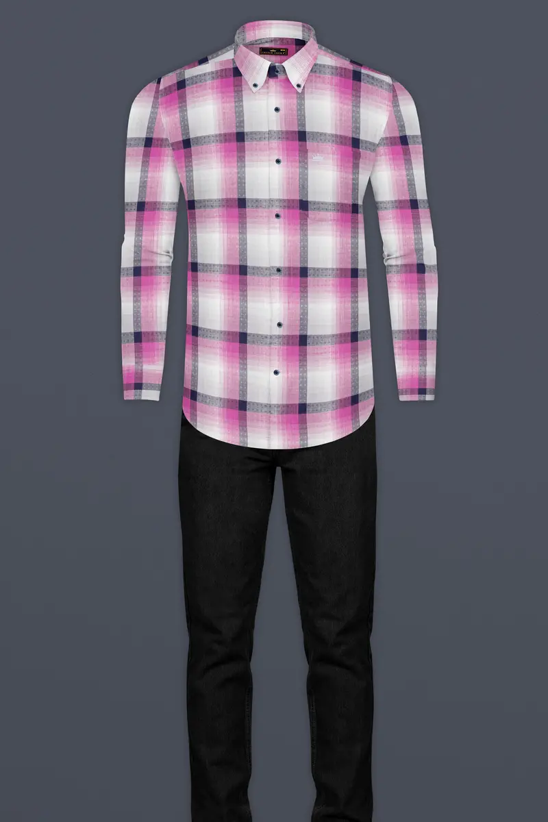 Blue With Thulian Pink Twill Checkered Premium Cotton Shirt 6