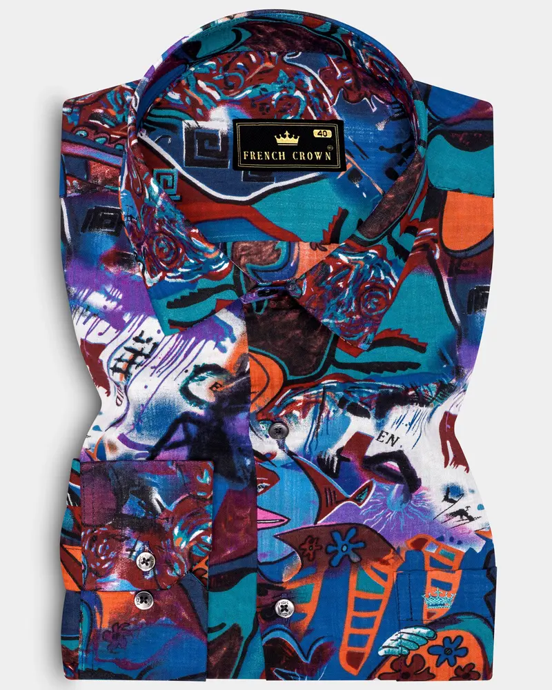Blueeclipse-Cyan Blue Multicolor Abstract Printed Lightweight Premium Cotton Casual Shirts 1