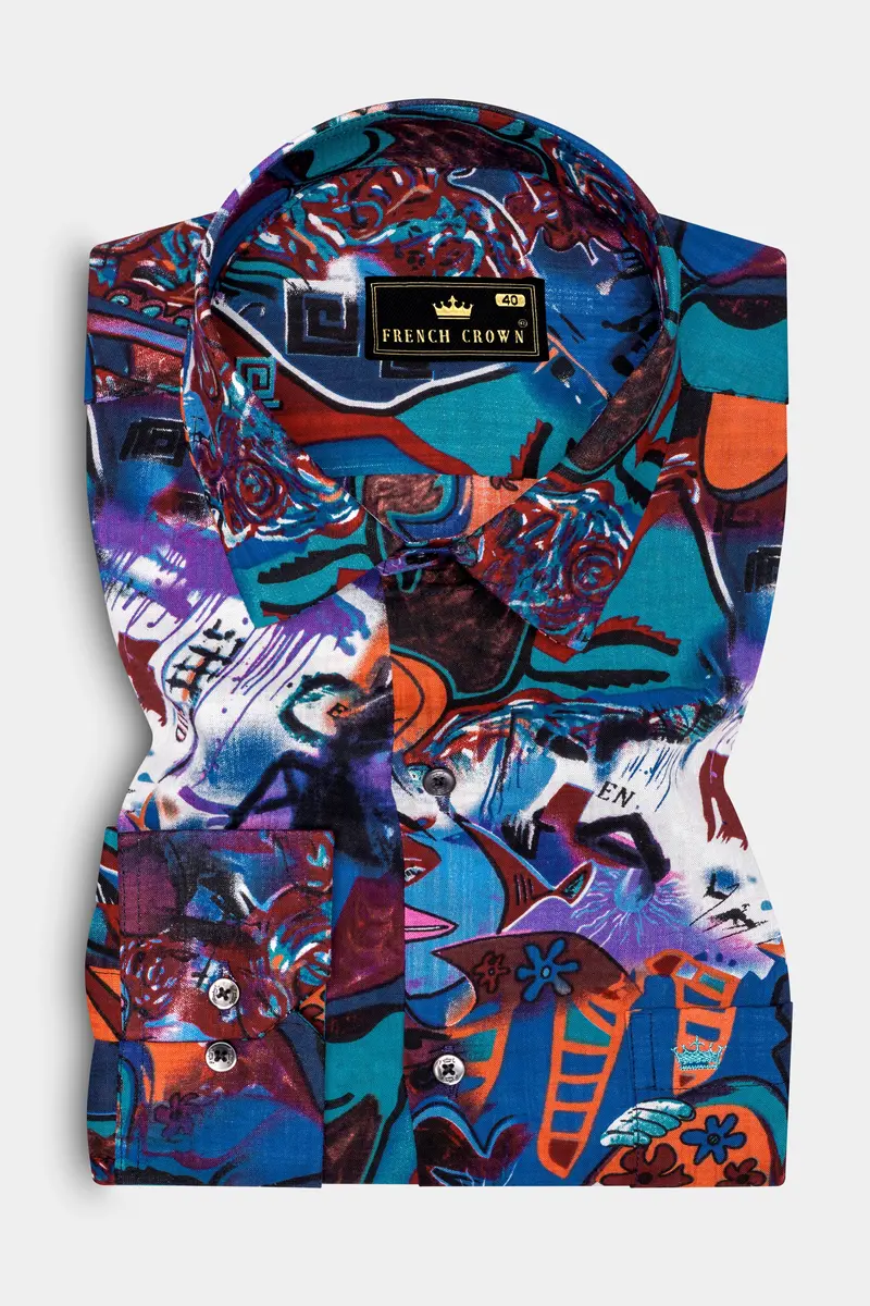 Blueeclipse-Cyan Blue Multicolor Abstract Printed Lightweight Premium Cotton Casual Shirts 2