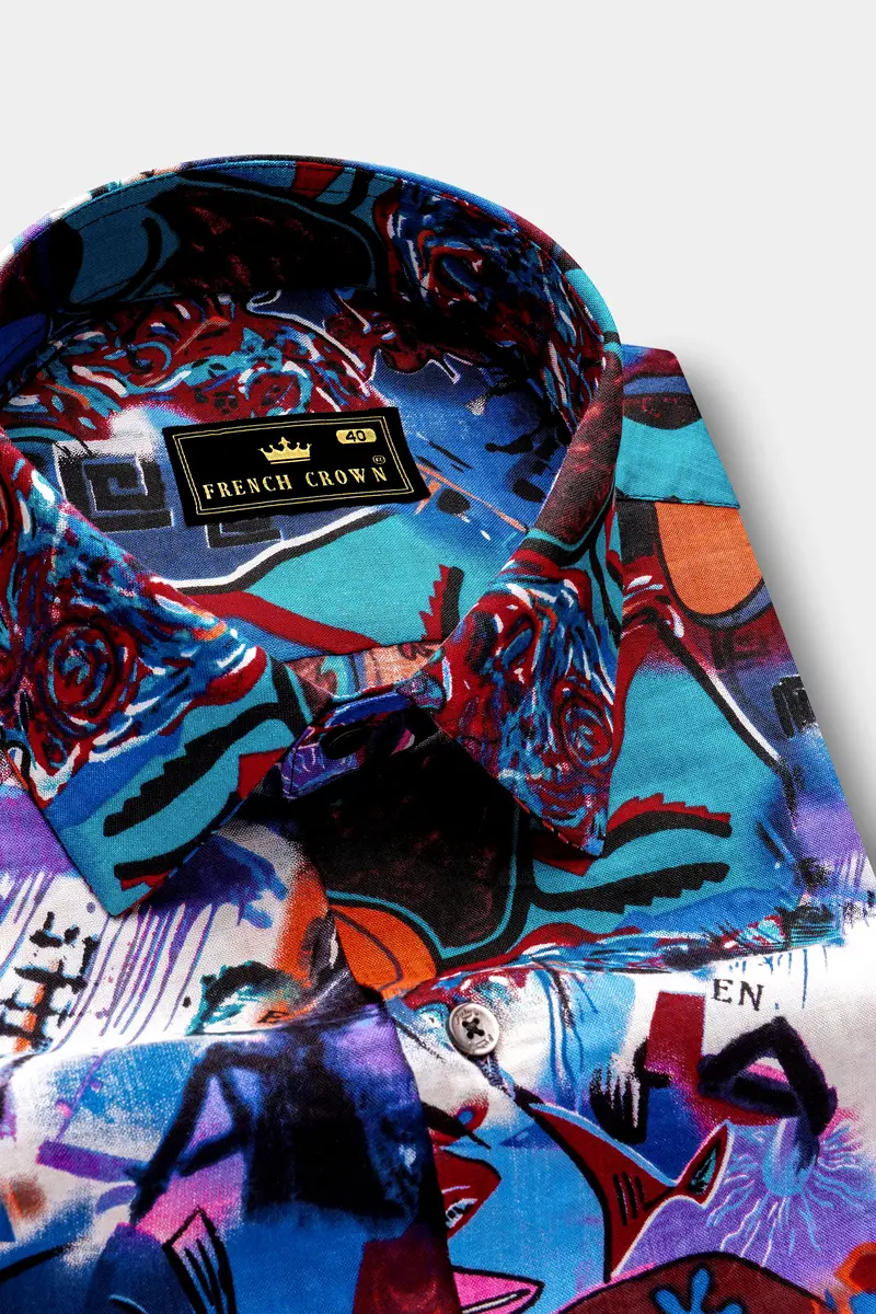 Blueeclipse-Cyan Blue Multicolor Abstract Printed Lightweight Premium Cotton Casual Shirts 4