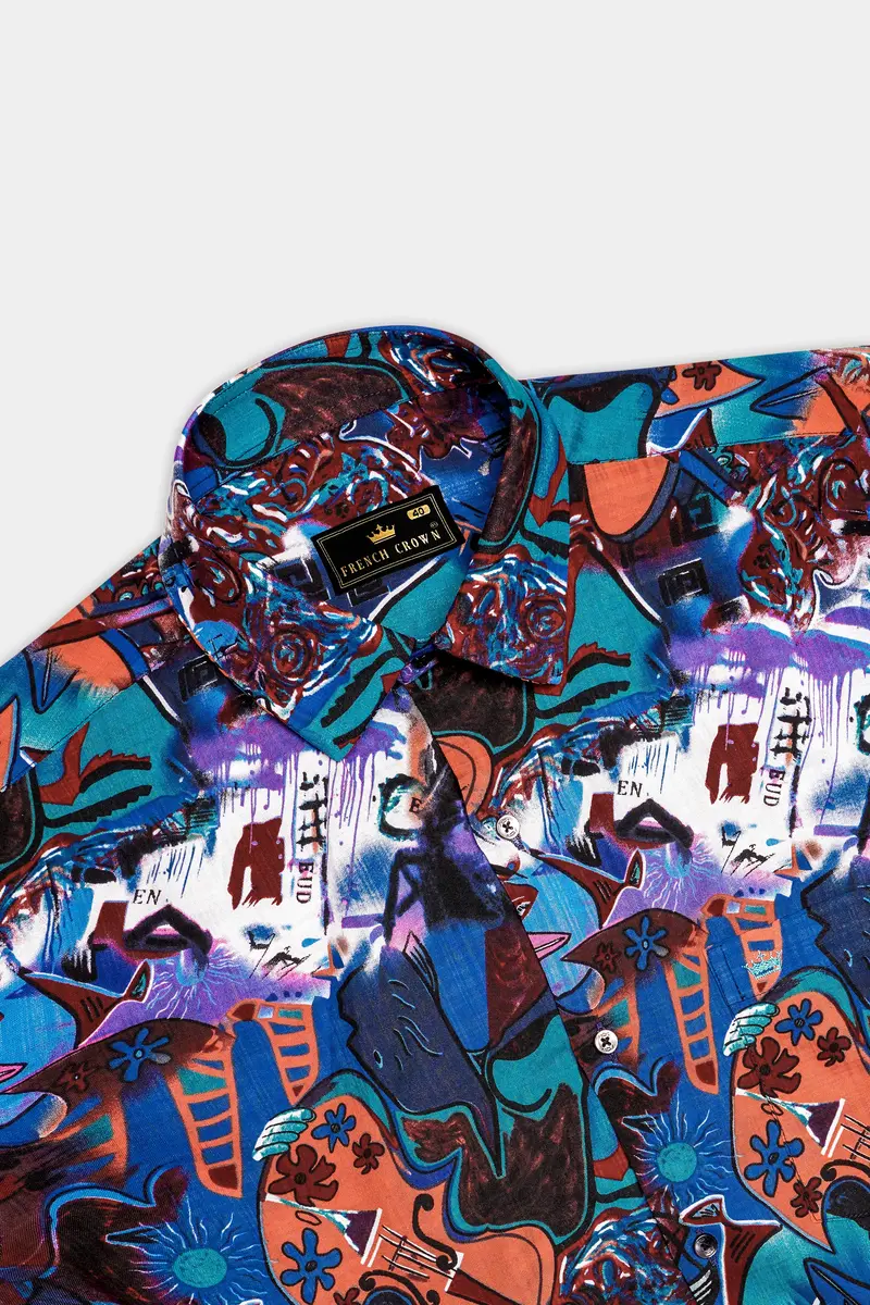 Blueeclipse-Cyan Blue Multicolor Abstract Printed Lightweight Premium Cotton Casual Shirts 5