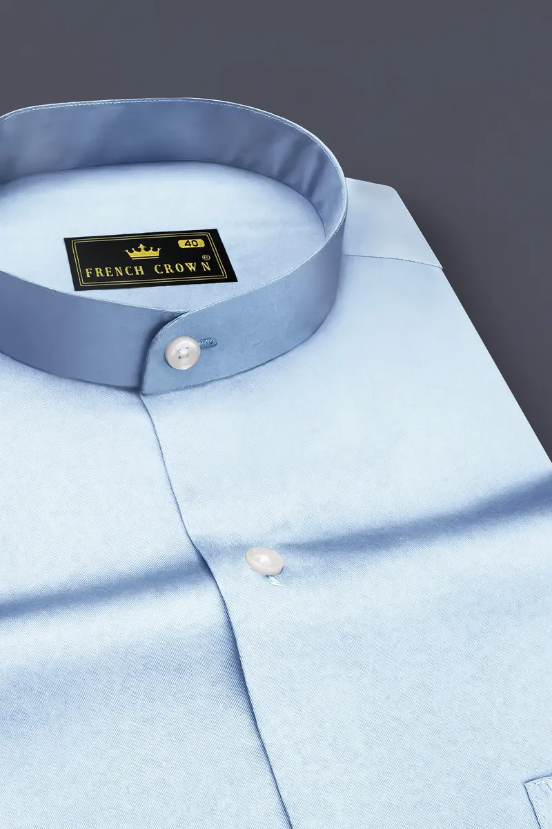 Bluessenza-Cornflower Blue Subtle Sheen Super Soft Premium Cotton Dress Mandarin Shirt 2