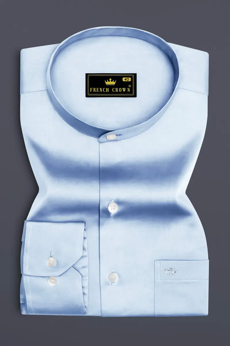 Bluessenza-Cornflower Blue Subtle Sheen Super Soft Premium Cotton Dress Mandarin Shirt 4
