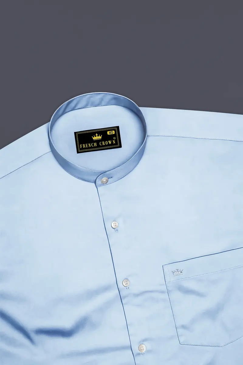 Bluessenza-Cornflower Blue Subtle Sheen Super Soft Premium Cotton Dress Mandarin Shirt 5
