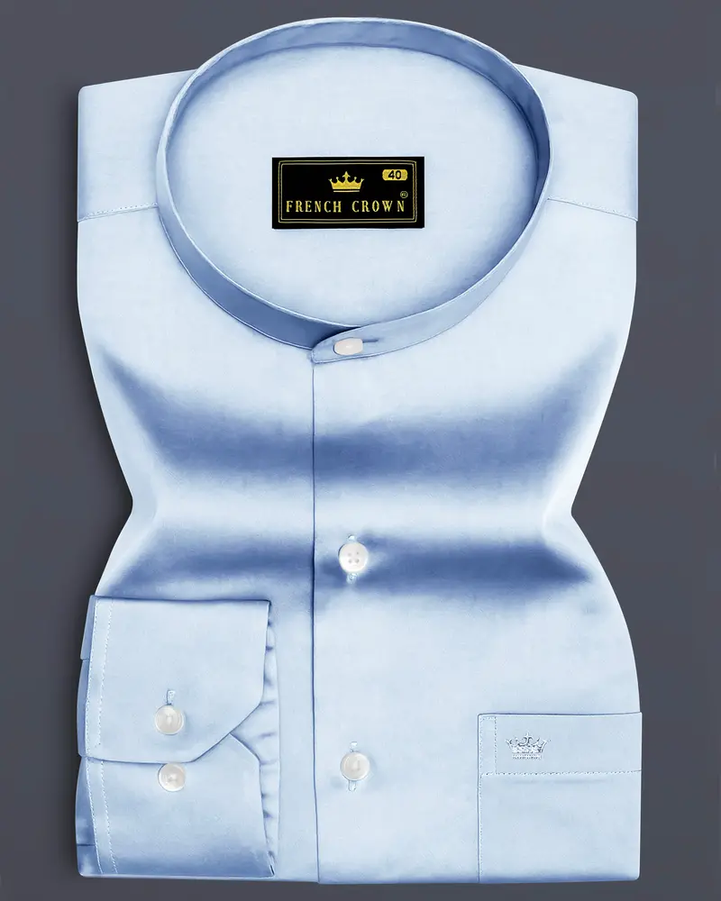 Bluessenza-Cornflower Blue Subtle Sheen Super Soft Premium Cotton Dress Mandarin Shirt 6