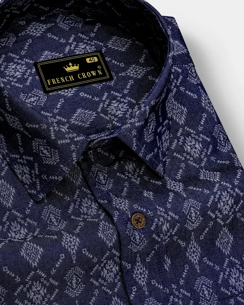 Bluikat-Haiti Denim Blue Ikat Printed Super Soft Premium Cotton Casual Shirt 1