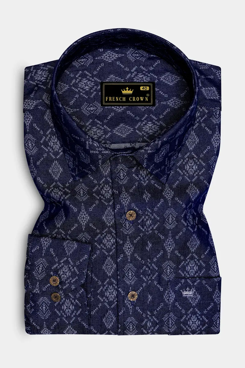 Bluikat-Haiti Denim Blue Ikat Printed Super Soft Premium Cotton Casual Shirt 4