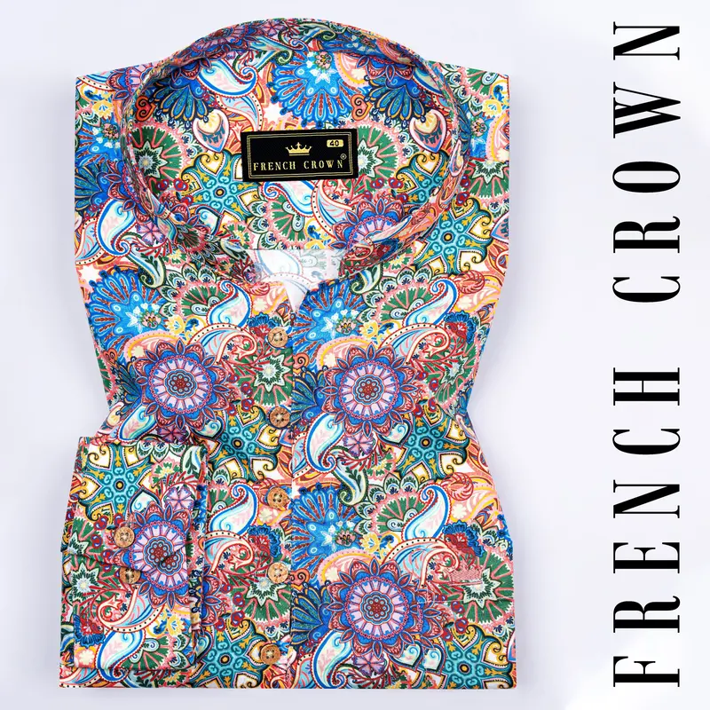 Bluish And Peachy Multicolour Paisley Printed Subtle Sheen Super Soft Premium Cotton Kurta Shirt 1