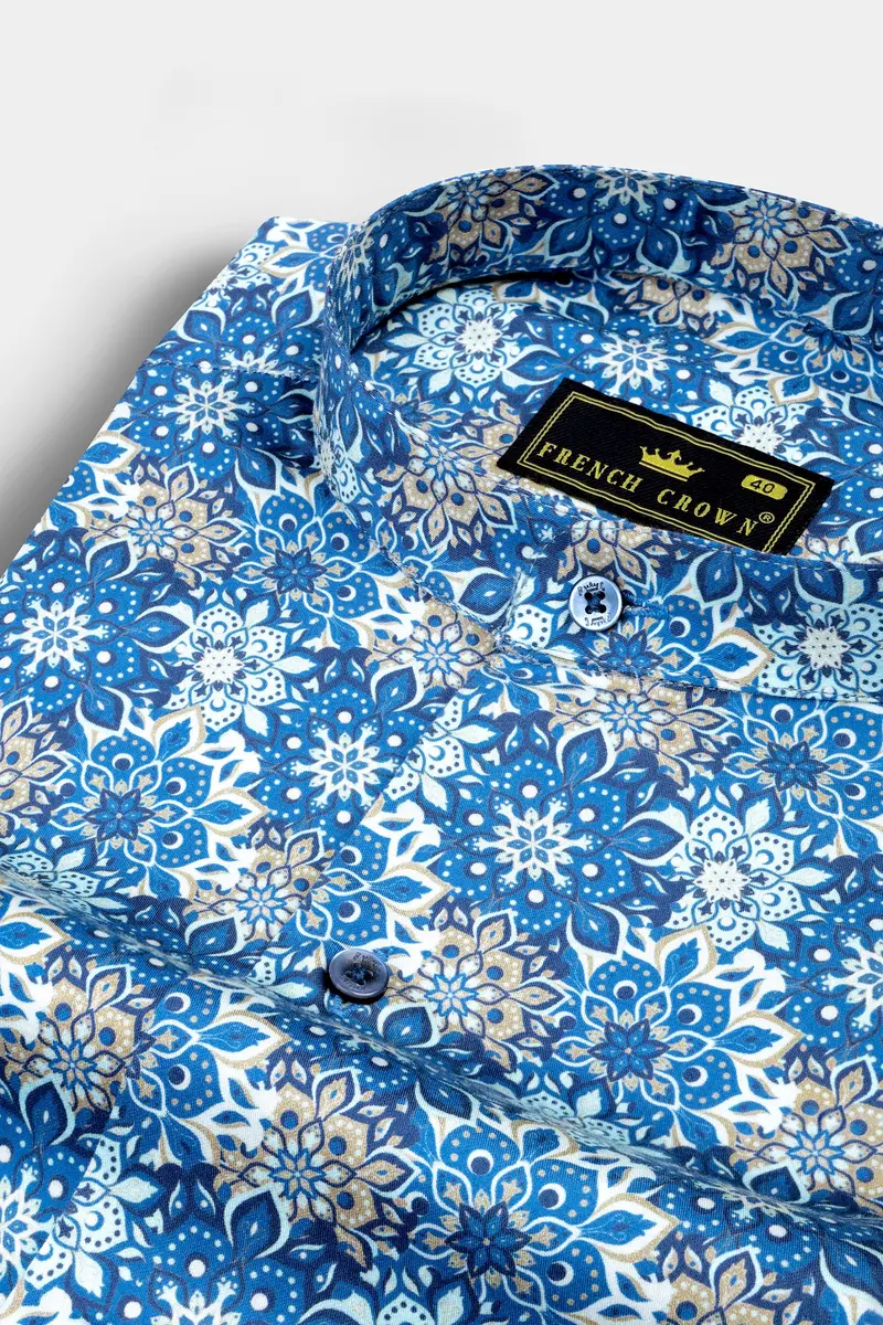 Bluish And Zorba Gray Azulejo Subtle Sheen Printed Super Soft Premium Cotton Shirt 1