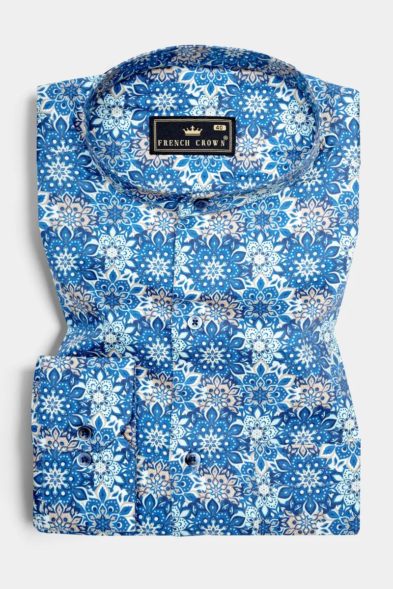 Bluish And Zorba Gray Azulejo Subtle Sheen Printed Super Soft Premium Cotton Shirt 3