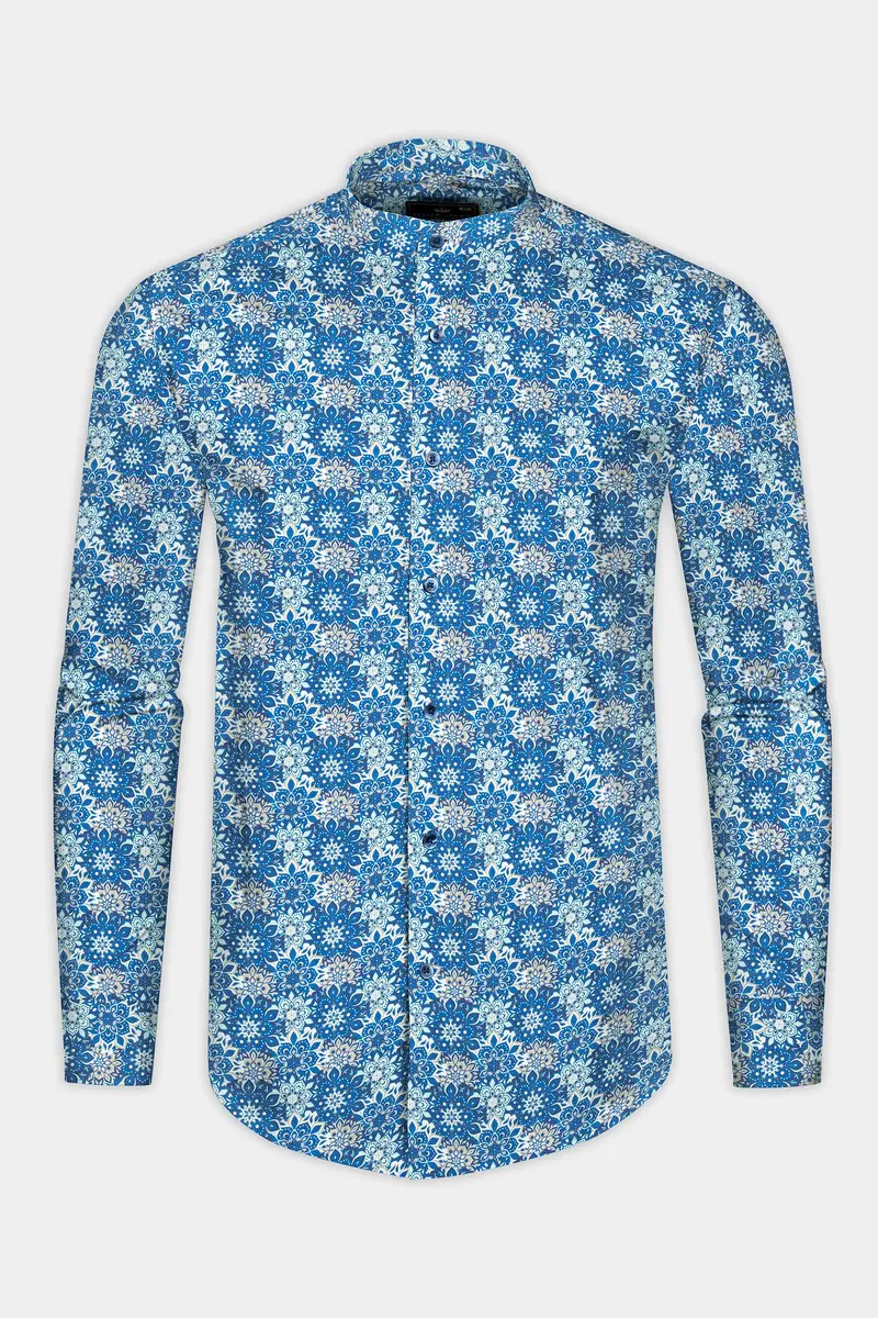 Bluish And Zorba Gray Azulejo Subtle Sheen Printed Super Soft Premium Cotton Shirt 4