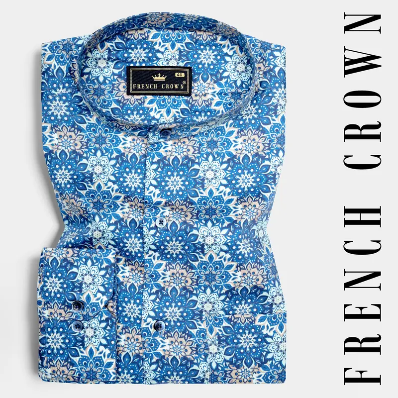 Bluish And Zorba Gray Azulejo Subtle Sheen Printed Super Soft Premium Cotton Shirt 6