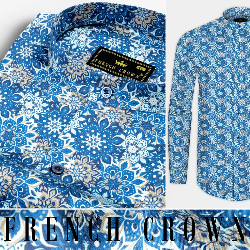 Bluish And Zorba Gray Azulejo Subtle Sheen Printed Super Soft Premium Cotton Shirt 9