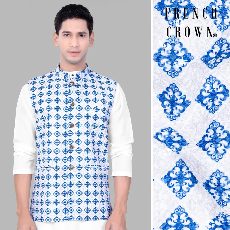 Bluish Blue And Bright White Trellis Designer Embroidered Nehru Jacket 1